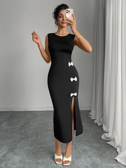 Bow Slit Sleeveless Maxi Dresses