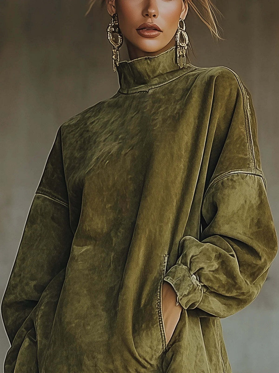 High-neck, Loose-fitting, Pocketed, Tassel Long-sleeved Suede Mini Dress