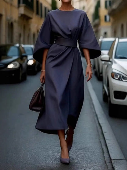 Solid Color Fitted Waist Dress, Casual Batwing Sleeve Long Skirt