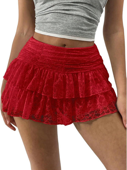 Y2K Lace Trim Low-waisted Pleats Multi-tiered Cake Skirt Sweet Short Skirt