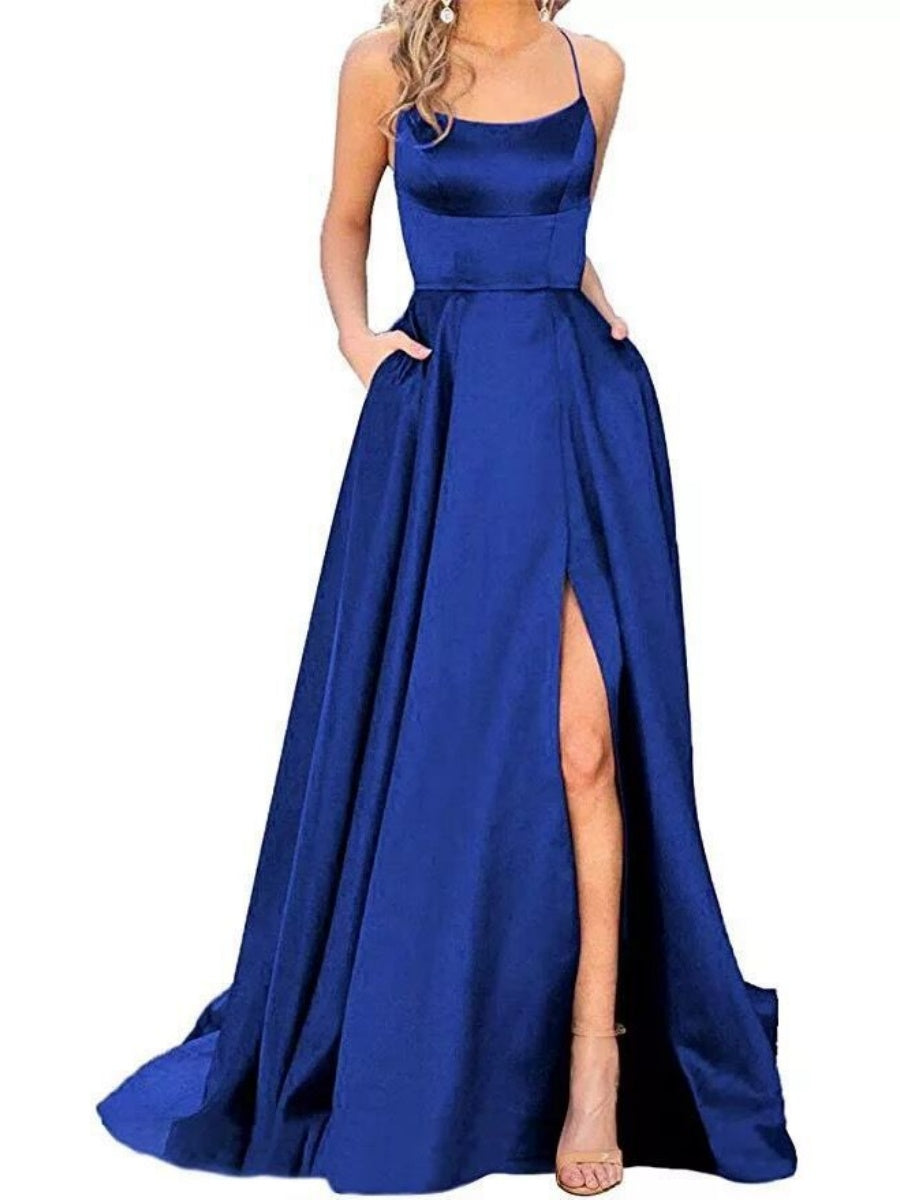 Backless Bandage Satin High Slit Bridesmaid Dresses Cocktail Party Maxi Dresses