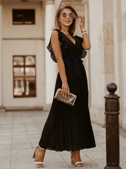 Lotus Leaf Sleeves Bow Chiffon Pleats Vacation Style Maxi Dresses