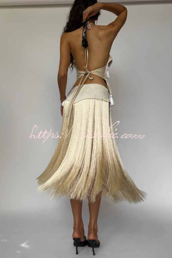 Fashionable Lace Appliqu¨¦ Tassel Hem Vacation Maxi Skirt
