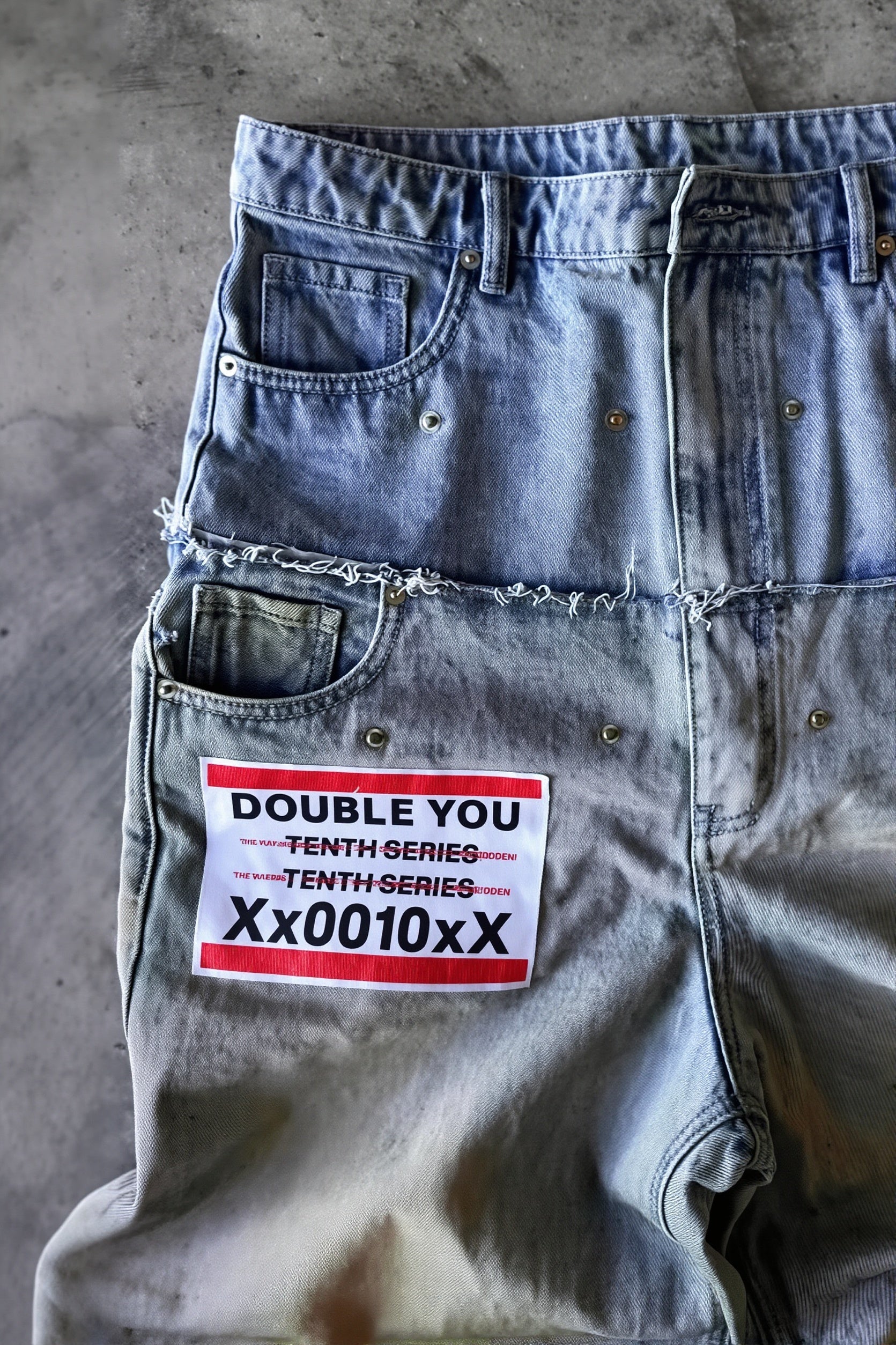 Vintage Raw Hem Double Waist Rivet Ripped Jeans