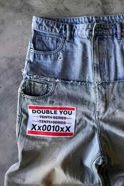 Vintage Raw Hem Double Waist Rivet Ripped Jeans