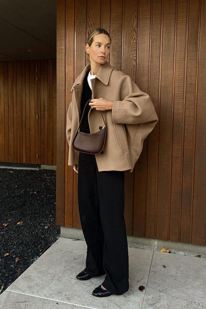 Batwing Sleeve Wool Blend Coat