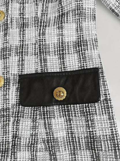 Small Fragrance Tweed Plaid Spliced PU Leather Commuting Mini&Short Dresses