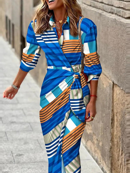 Wrap-up Shirt Collar Lace Up Printed Maxi Dresses