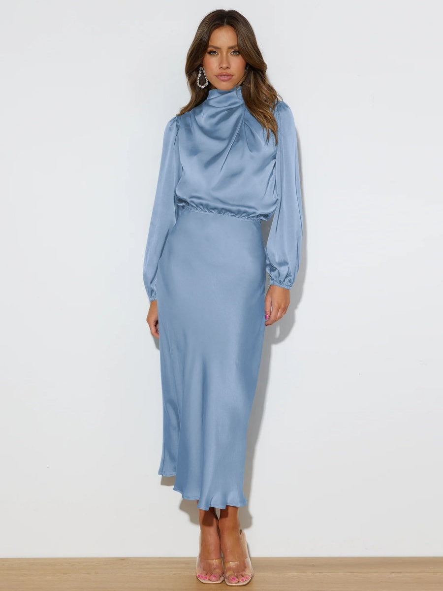 Satin Long Sleeve Loose Turtleneck Midi Dresses