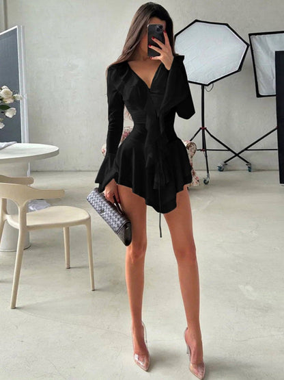 Ruffle Hip-hugging Flared Sleeves Mini&Short Dresses