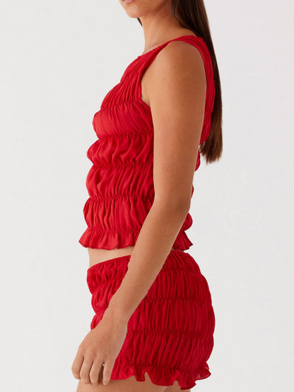 Pleated Navel Curled Hem Backless And Navel Exposed 2-piece Sets