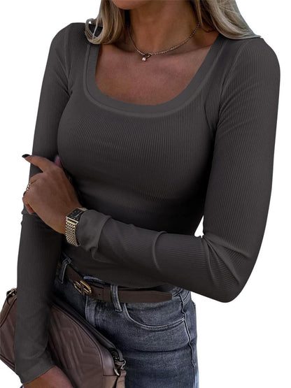 Threaded Groove Trimming Long Sleeve U-neck Base T-shirts