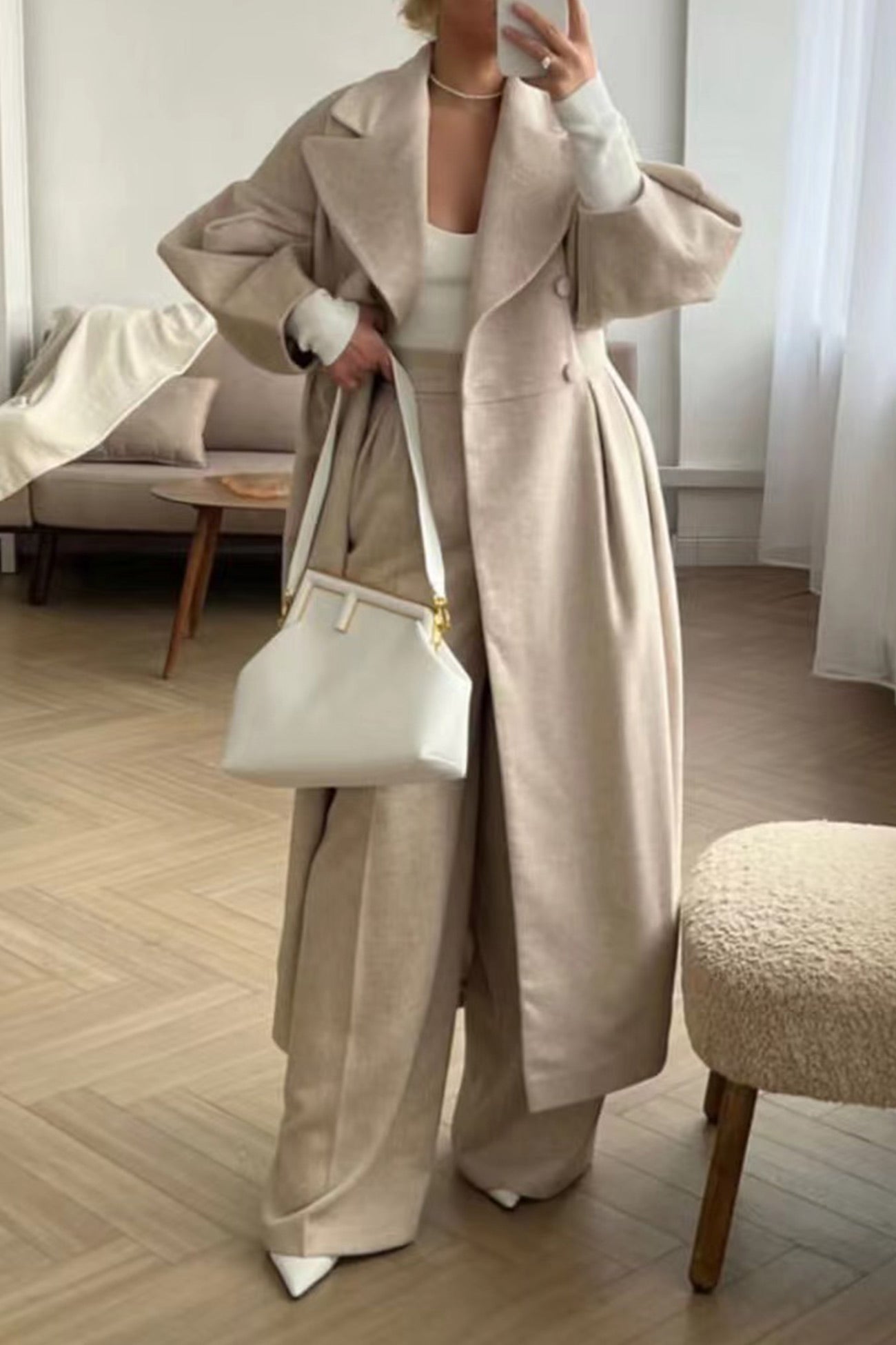 Lapel Lantern Sleeve Button-down Long Coat