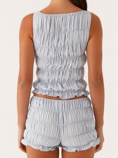Pleated Navel Curled Hem Backless And Navel Exposed 2-piece Sets
