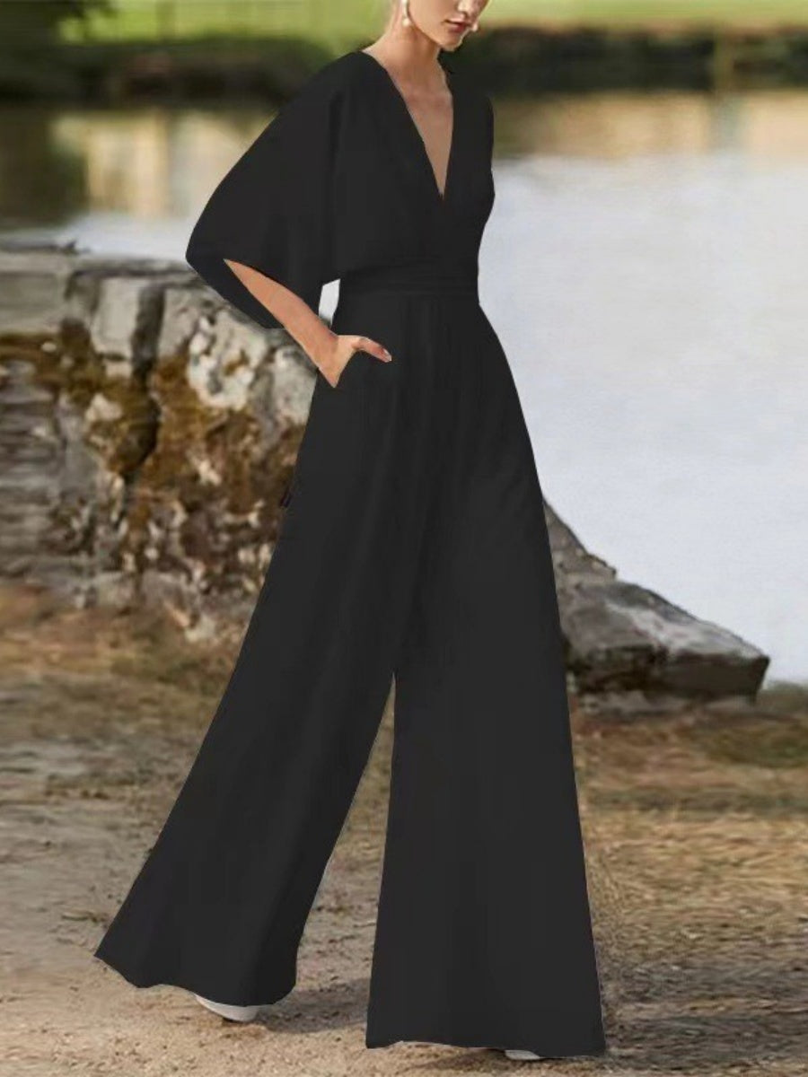 Asymmetrical Placket, Mid-waist, Short-sleeved, V-neck, Elegant Work Jumpsuit