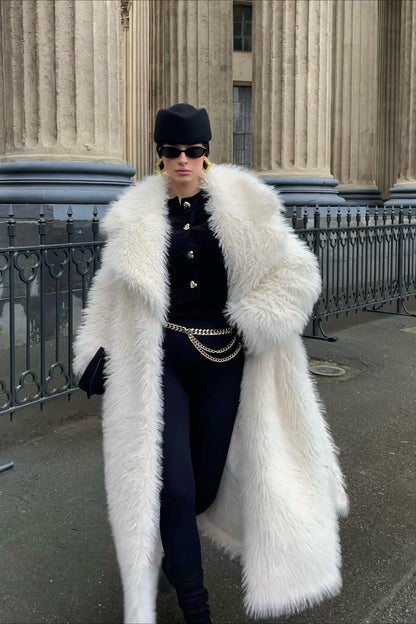 Long White Over the Knee Eco Faux Fur Thick Overcoat