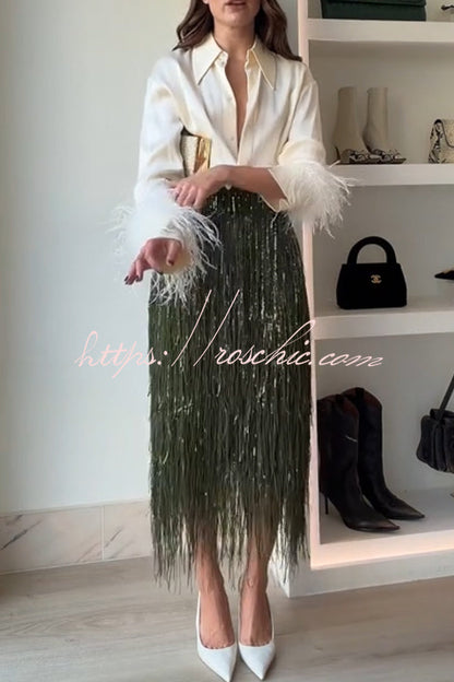 Party Crasher Layered Sequined Tassels High Rise Back Zipper Midi Skirt (Shipped Within 24 Hours)