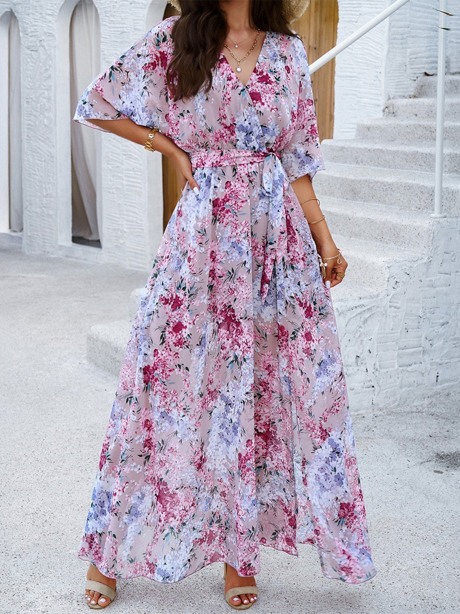 Printed Straps V-neck Short Sleeve Slit Maxi Dresses