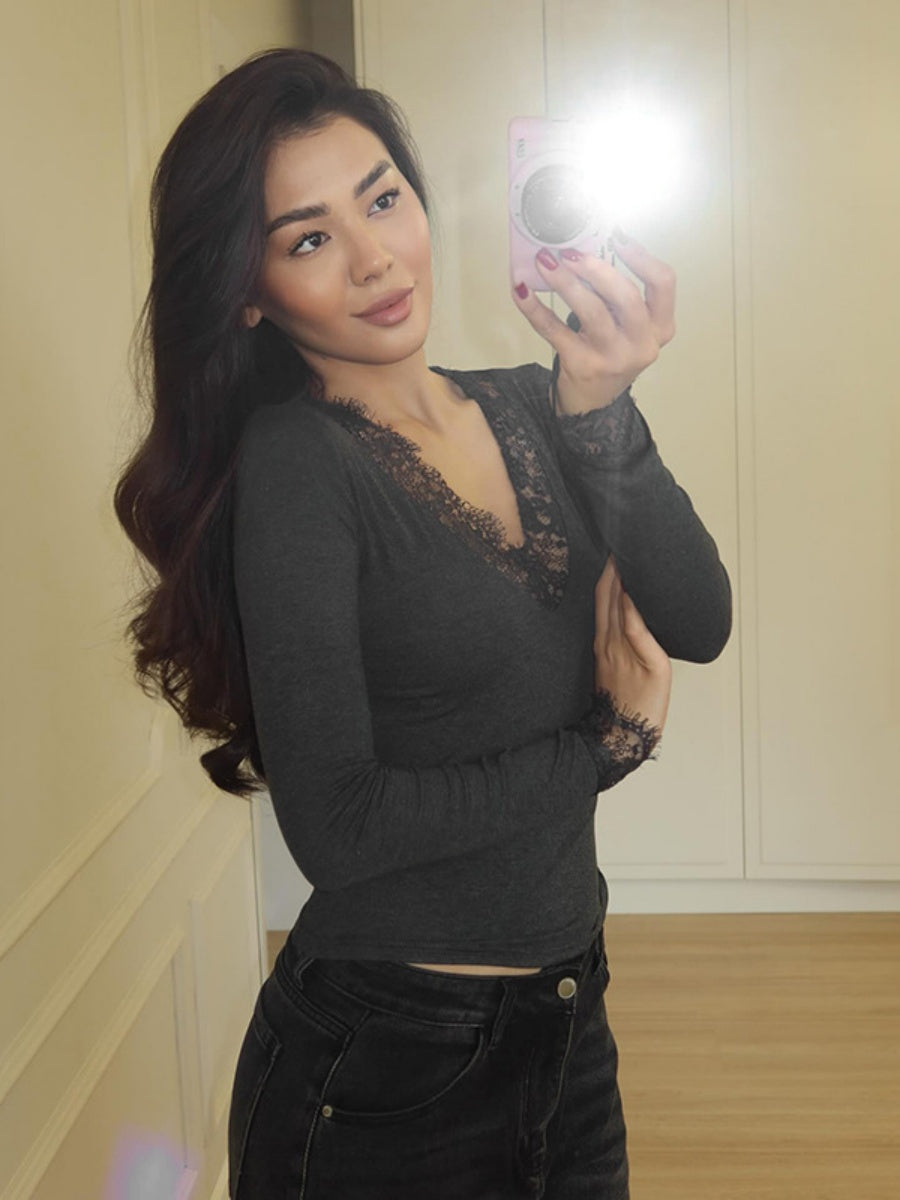 V-neck Lace Trim Waist T-shirts