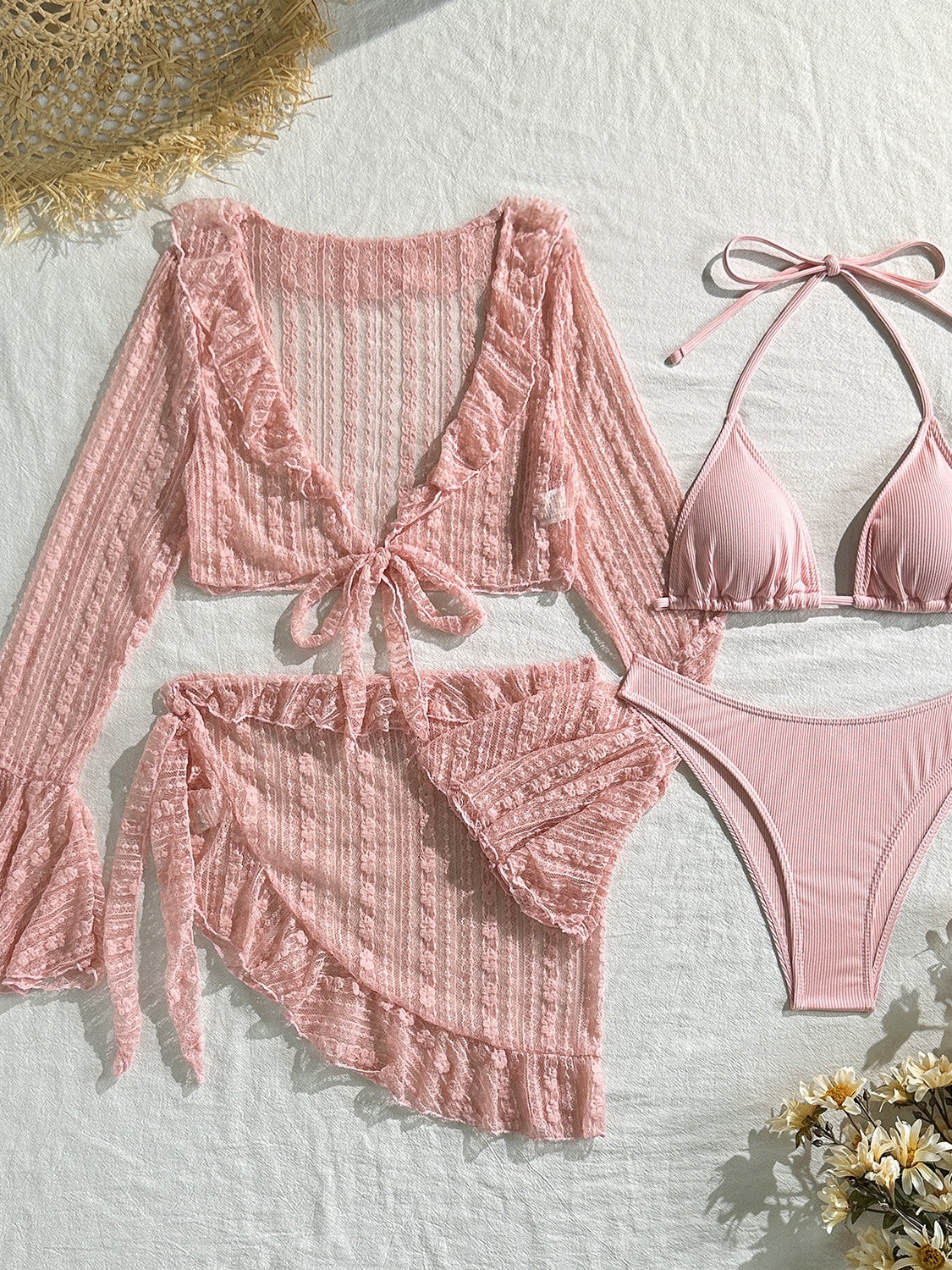 Sexy Lace Mesh Swimsuit Bikini Four-piece Set