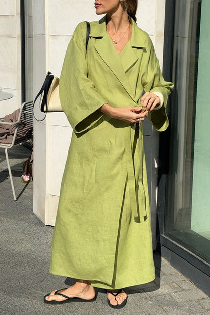 Lapel Tie-up Cotton Linen Dress