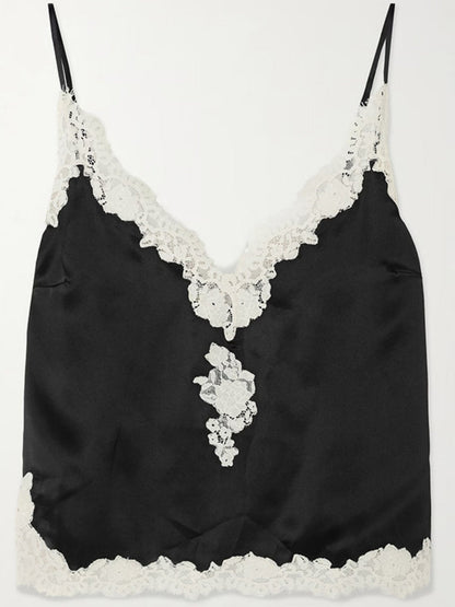 Lace Stitching Satin Camisoles Skirt 2-piece Sets