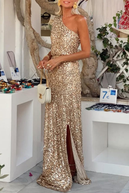 Santorini Night Sequin Fabric One Shoulder Slit Maxi Dress