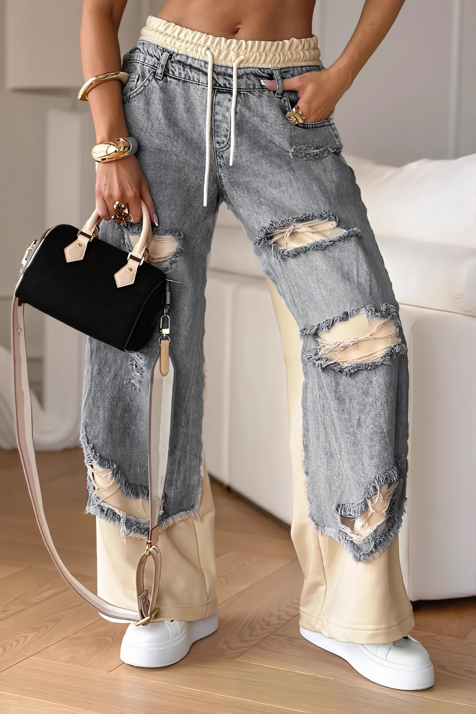 Tie Spliced Ripped Casual Straight Jeans