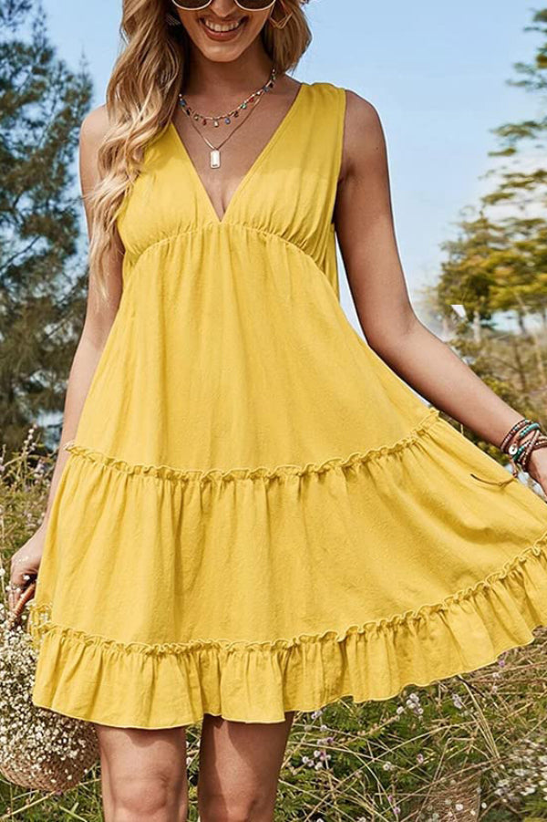 Solid Color V-neck Sleeveless Casual Loose-fitting Vacation Mini Dress