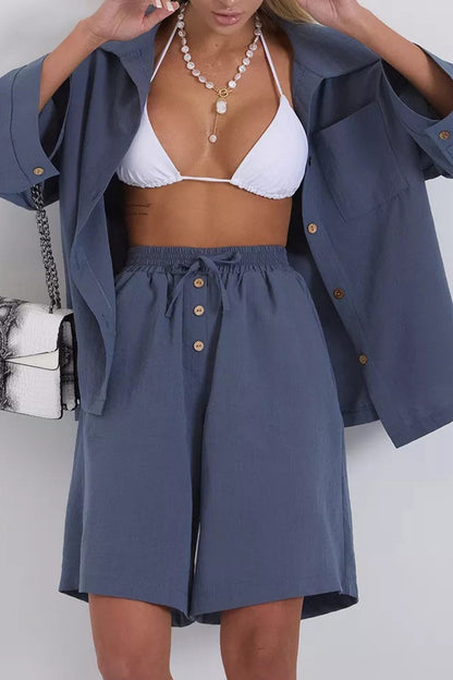 Solid Color Shirt Single-breasted Bermuda Shorts Set