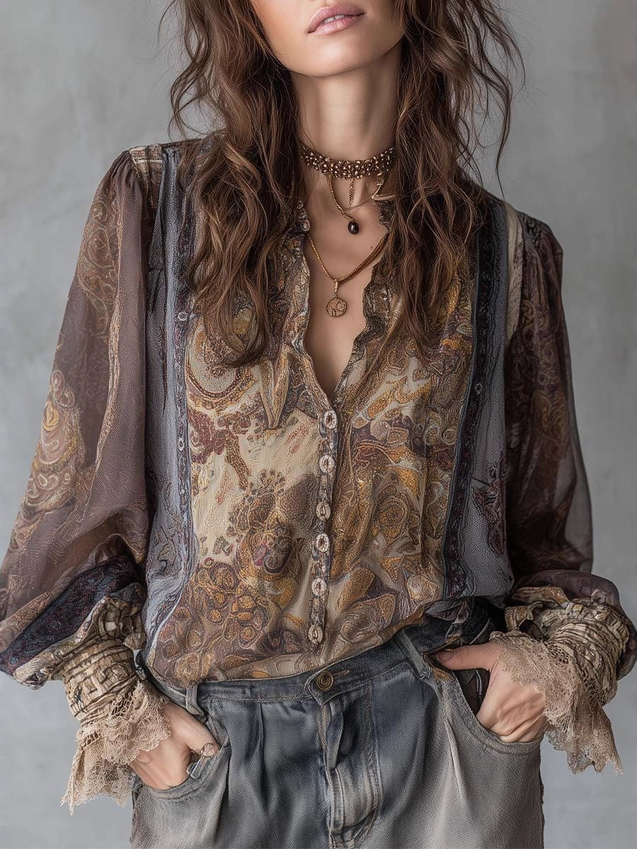Lace-trimmed Casual Long-sleeved Ramie Shirt