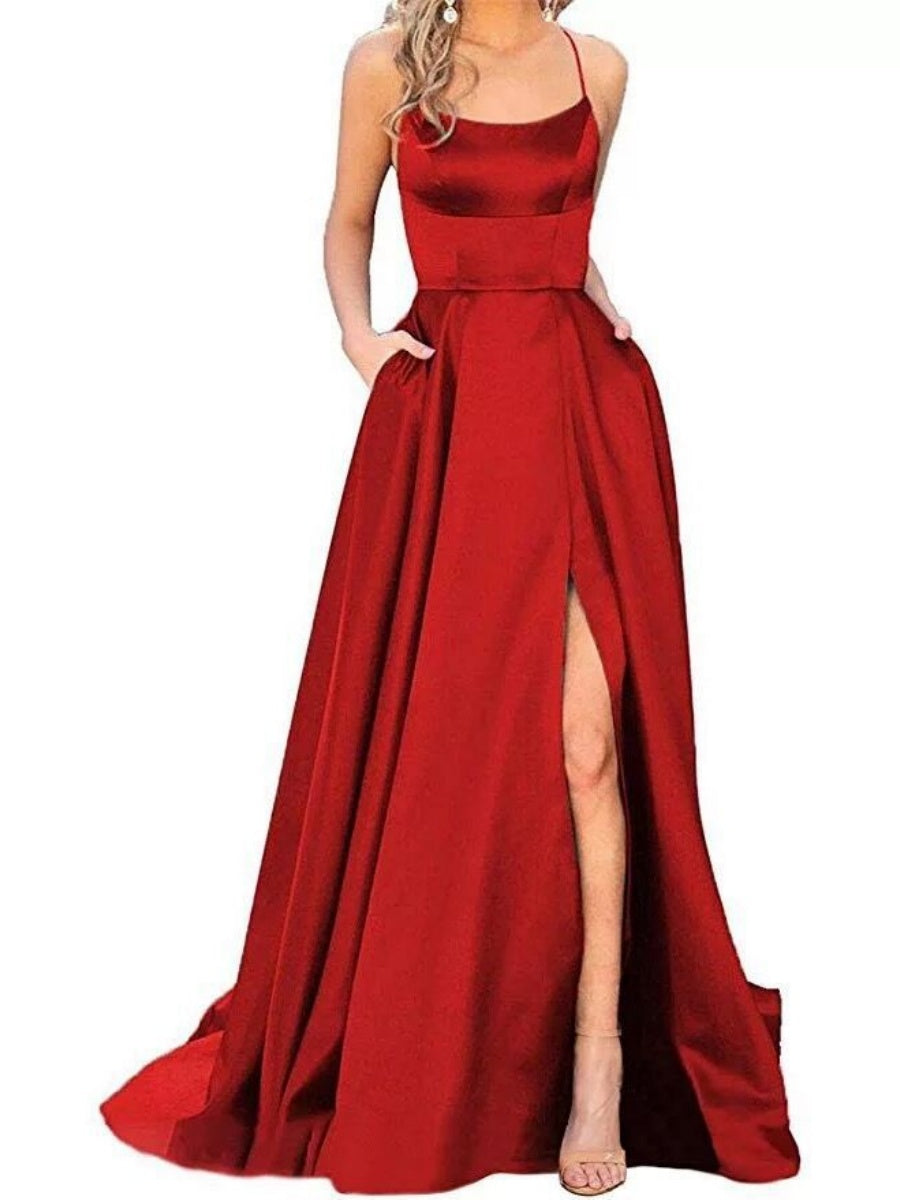 Backless Bandage Satin High Slit Bridesmaid Dresses Cocktail Party Maxi Dresses