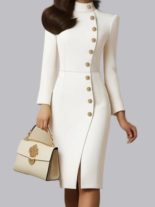 Long Sleeve Stand Collar Slim Fit Metal Single-breasted Buckle With Vents Midi Dresses