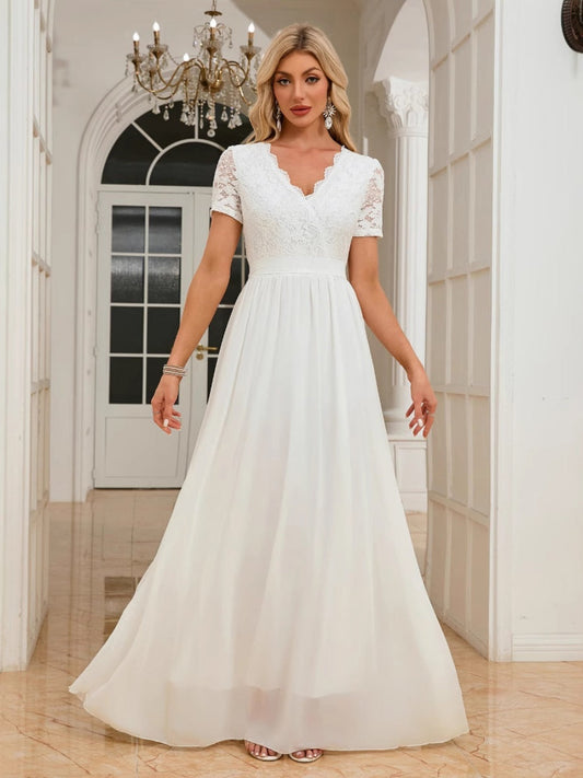 Lace Trim Splicing Chiffon Waist V-neck Maxi Dresses