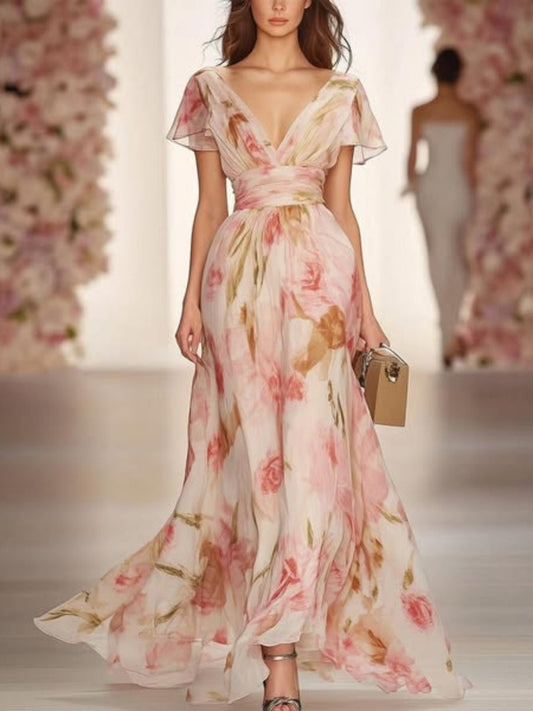 Floral Print Short Sleeve V-neck Long Dress
