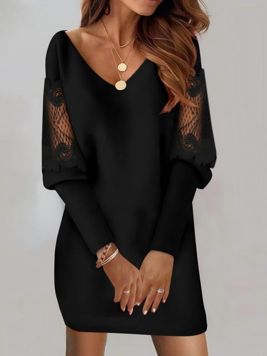 V-neck Long Sleeve Lace Stitching Knitting Mini&Short Dresses