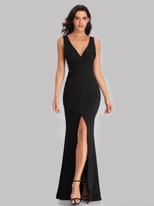 Sleeveless V-neck Slit Formal Dress Maxi Dresses