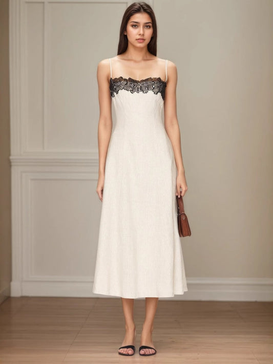 Lace Stitching Grace Temperament White Maxi Dresses