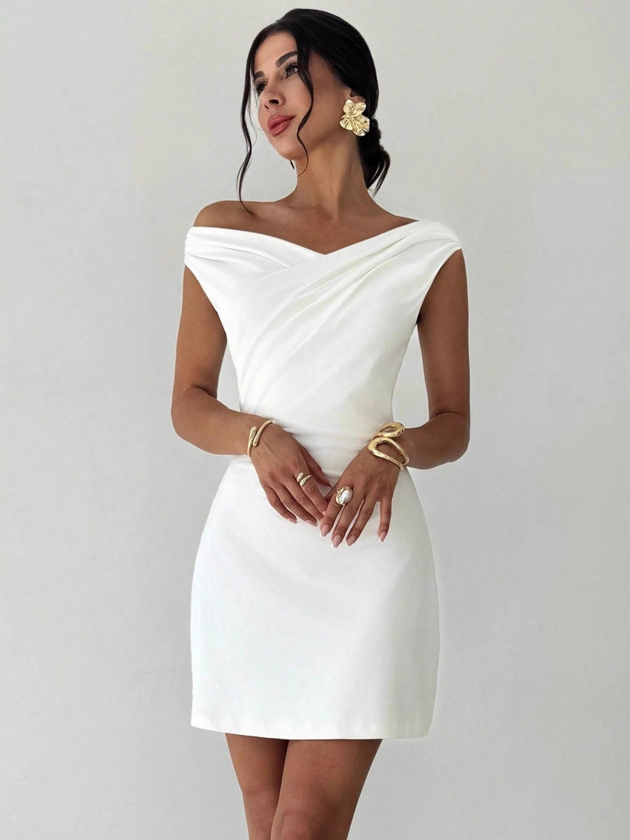 Off-the-shoulder Knitted Irregular Style Cross Neck Splicing Sleeveless Double Layer Slim-fit Short Dress
