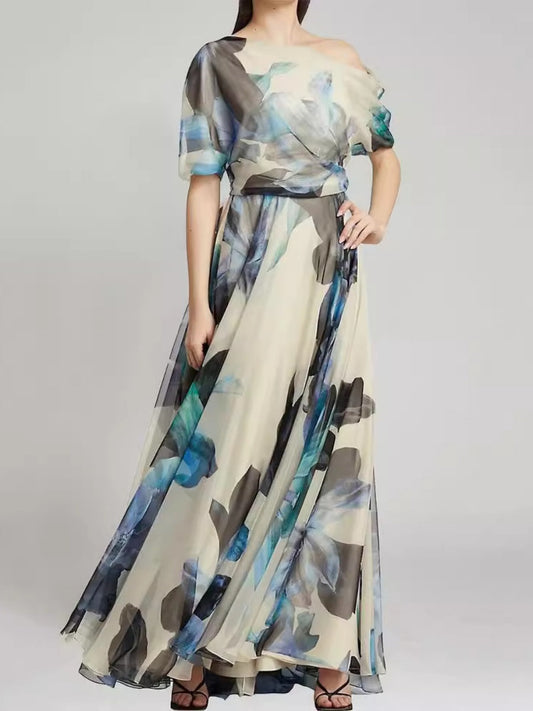 Pleated Printed Off Shoulder Vacation Maxi Dresses