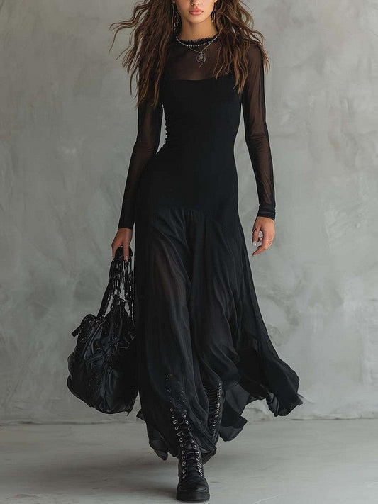 Black Long-sleeved Mesh-paneled Maxi Dress