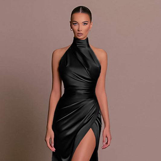 Halter Stand Collar Sleeveless Slit Formal Dress Parties Maxi Dresses