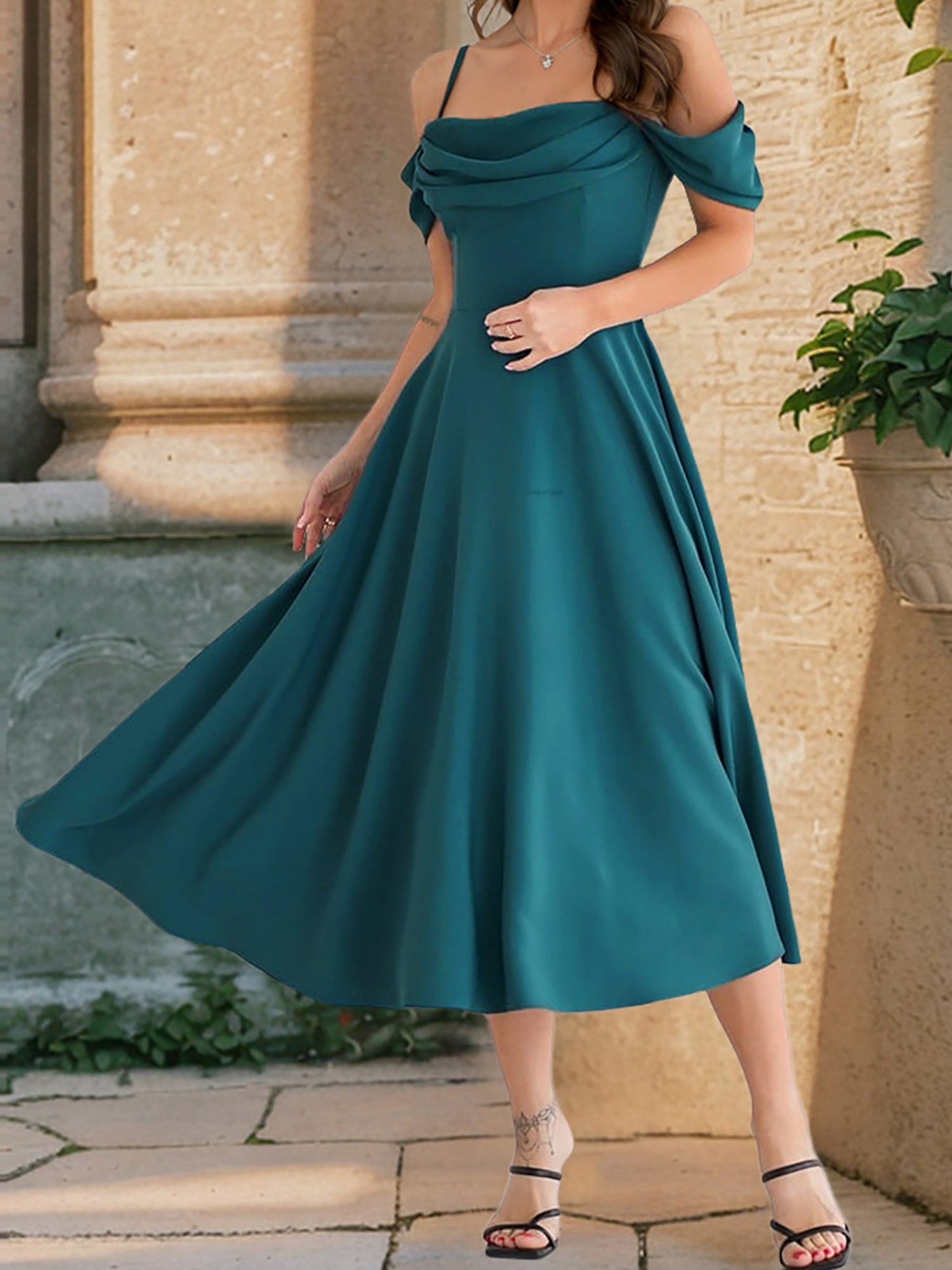Ruffled Off-shoulder Spaghetti Strap Waist Maxi Dresses