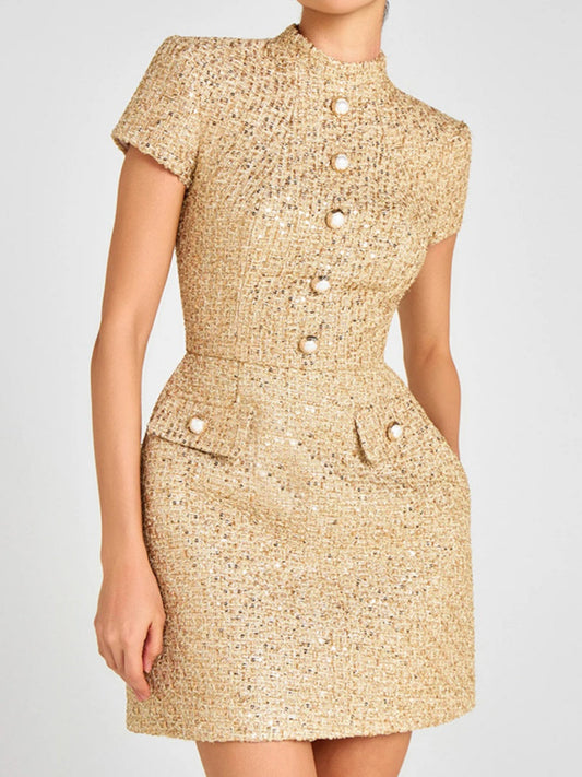 Tweed Buttons Short Sleeve Formal Mini&Short Dresses