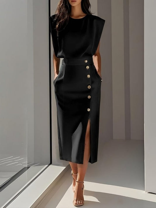 Crew Neck Waist Slit Metal Buttons Sleeveless Midi Dresses