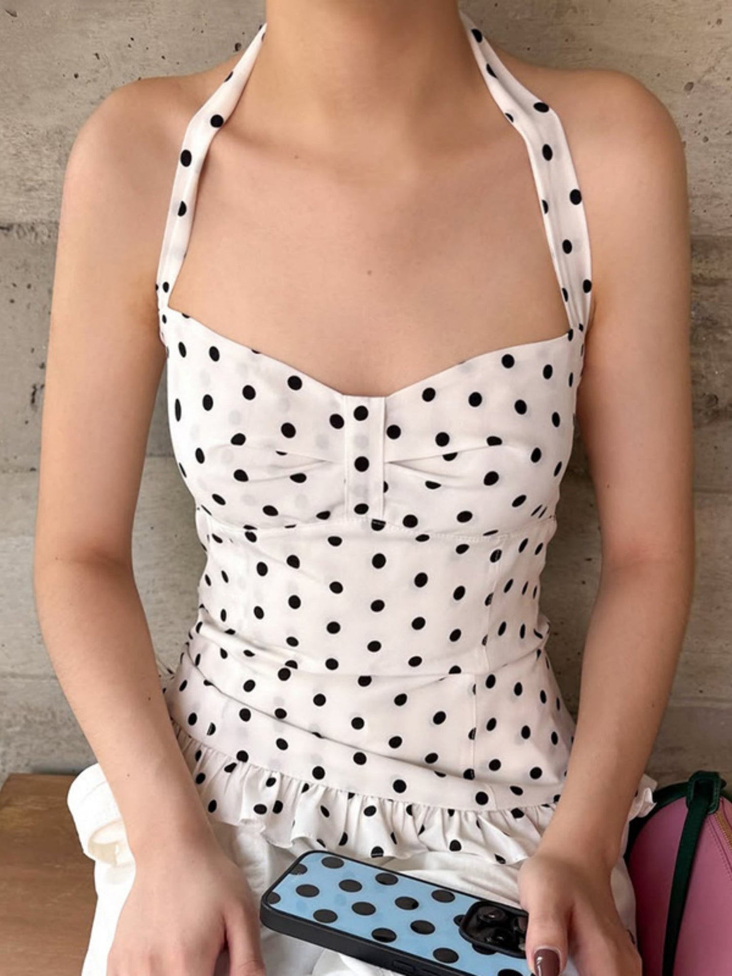 Polka Dots Wavy Lace Chest Pleats Neck Strap Tank Tops&Camis