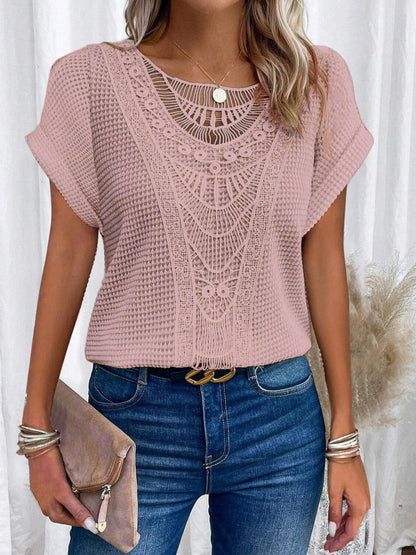 Openwork Lace Crew Neck Patchwork Cropped T-shirt