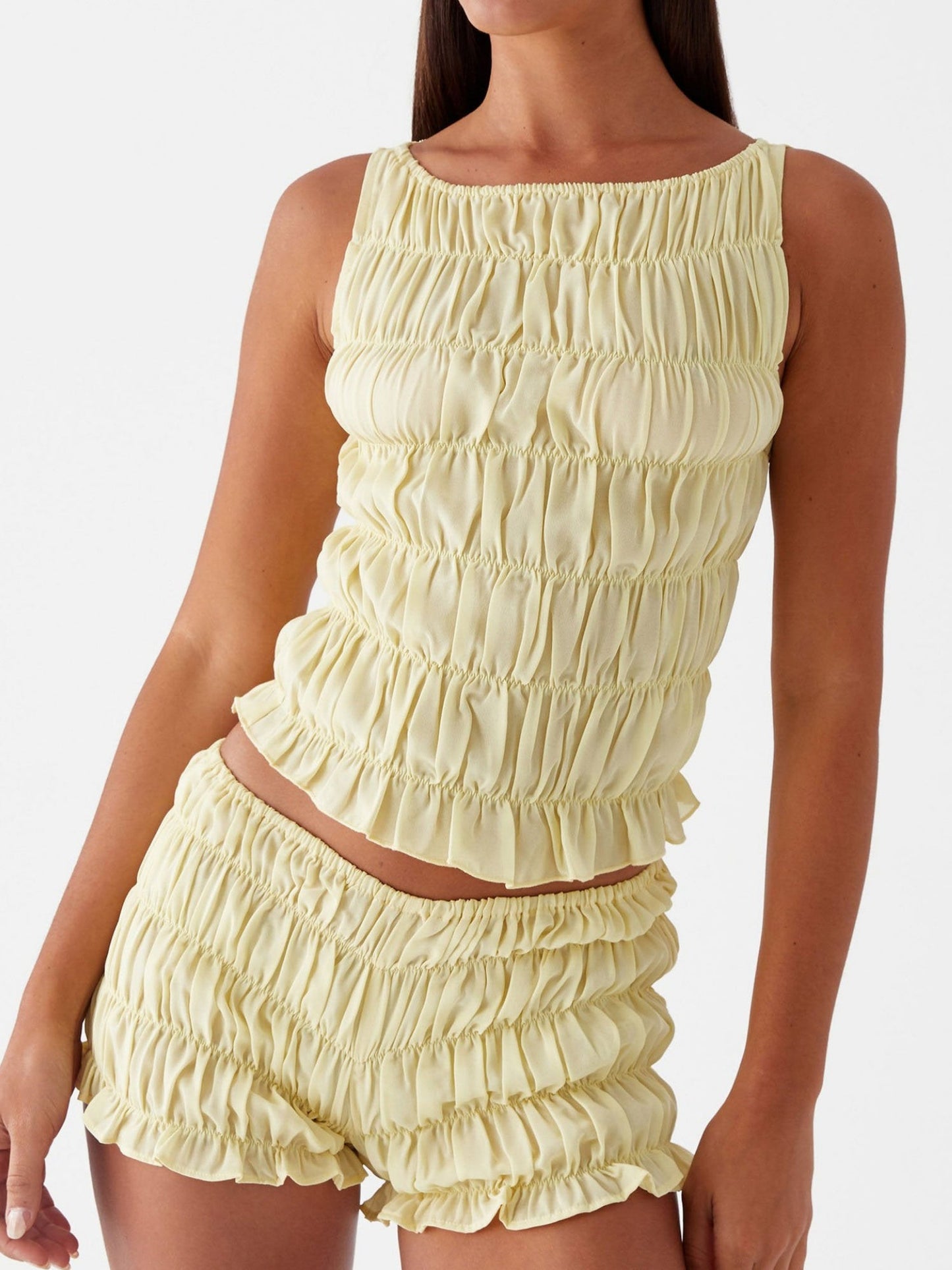 Pleated Navel Curled Hem Backless And Navel Exposed 2-piece Sets