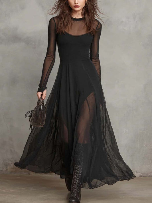 Splicing Solid Color Patchwork Long-sleeved Fishtail Maxi Dresses