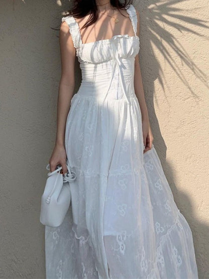 Lace Jacquard Square Neck Suspenders Sweet Tie Maxi Dresses